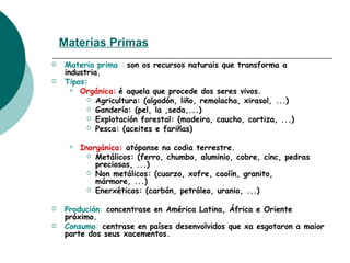 Materias Primas Materia prima  :   son os recursos naturais que transforma a industria. Tipos: Orgánica:   é aquela que procede dos seres vivos. Agricultura: (algodón, liño, remolacha, xirasol, ...) Gandería: (pel, la ,seda,...) Explotación forestal: (madeira, caucho, cortiza, ...) Pesca: (aceites e fariñas) Inorgánica:  atópanse na codia terrestre. Metálicos: (ferro, chumbo, aluminio, cobre, cinc, pedras preciosas, ...) Non metálicos: (cuarzo, xofre, caolín, granito, mármore, ...) Enerxéticos: (carbón, petróleo, uranio, ...) Produción :  concentrase en América Latina, África e Oriente próximo. Consumo :  centrase en  países   desenvolvidos  que xa esgotaron a maior parte dos seus  xacementos . 