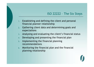 ISO 22222 – The Six Steps

1.   Establishing and defining the client and personal
     financial planner relationship
2.   Gathering client data and determining goals and
     expectations
3.   Analysing d
     A l i g and evaluating th client’s fi
                       l ti g the li t’ financial status
                                                 i l t t
4.   Developing and presenting the financial plan
5.
5    Implementing the financial planning
     recommendations
6.   Monitoring the financial plan and the financial
               g              p
     planning relationship
 