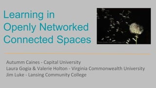 Autumm Caines - Capital University
Laura Gogia & Valerie Holton - Virginia Commonwealth University
Jim Luke - Lansing Community College
Learning in
Openly Networked
Connected Spaces Photo Credit: Flickr User Feggy Art
 