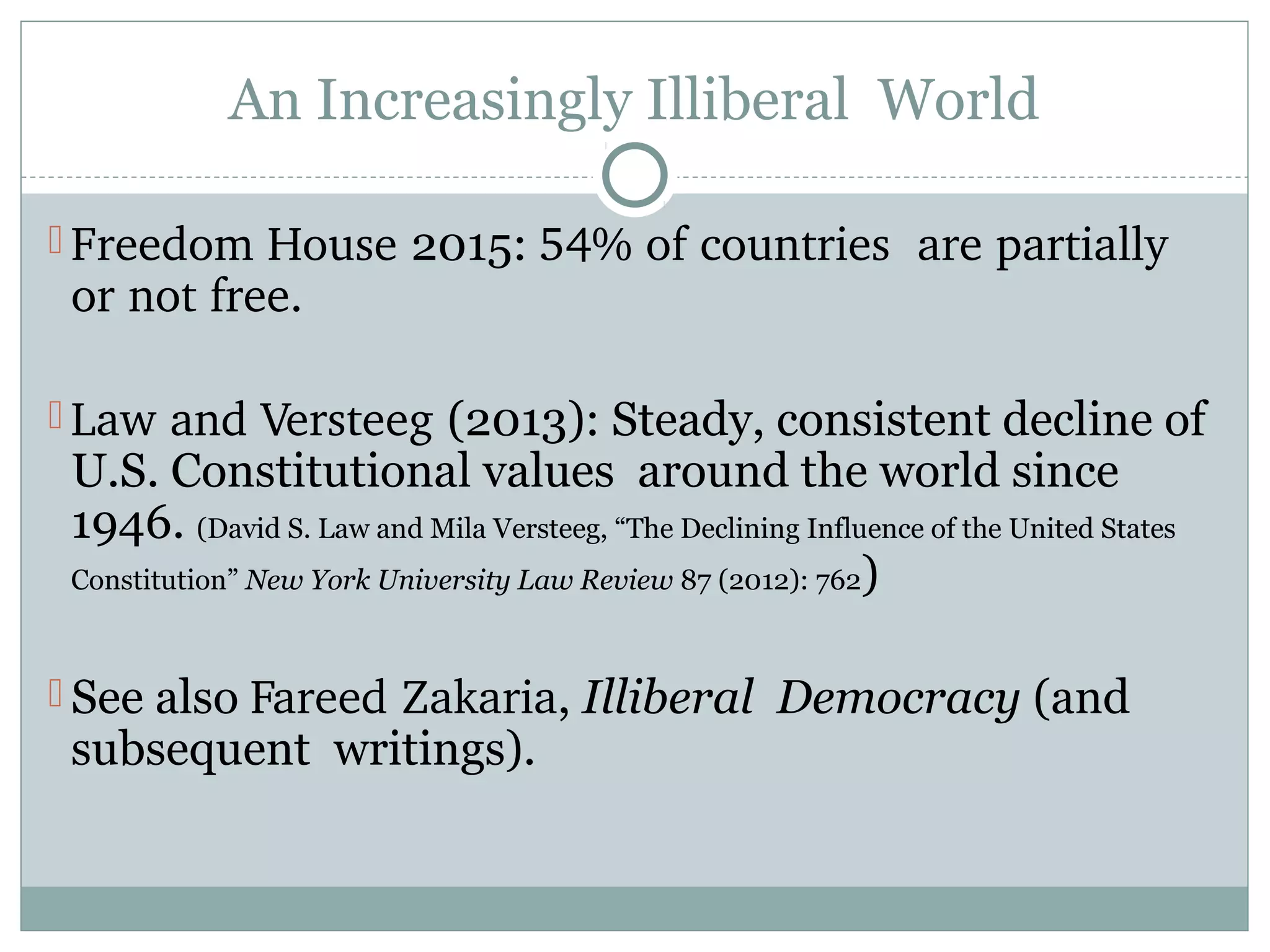 An Increasingly Illiberal World
 Freedom House 2015: 54% of countries  are partially 
or not free.
 Law and Versteeg (2013): Steady, consistent decline of
U.S. Constitutional values around the world since
1946. (David S. Law and Mila Versteeg, “The Declining Influence of the United States
Constitution” New York University Law Review 87 (2012): 762)
 See also Fareed Zakaria, Illiberal Democracy (and
subsequent writings).
 