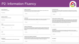 P2: Information Fluency
Essential Understanding
There are many elements
that need to be considered
when evaluating OER.
Crowdsourced Open Online Learning (COOL)
• Identify a course scenario or topic
• Look for relevant OERs
• Evaluate and pool OERs
(NUS Libraries, 2021; TEMOA, 2011; Achieve, 2011)
 