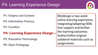 P4: Learning Experience Design
P1: Origins and Context
P2: Information Fluency
P3: Curation
P4: Learning Experience Design
P5: Education Technology
P6: Open Pedagogy
(Re)design a two-week
online learning experience,
integrating/adapting OERs
that support and further
the learning outcomes.
Author/refine original
collateral materials such as
assignments.
 