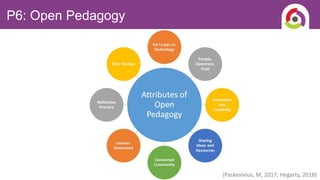 P6: Open Pedagogy
Essential Understanding
Roles between educators and
student can be fluid;
partnership increases a sense
of mattering and
empowerment. Teaching,
and the improvement of
teaching, is iterative.
Mini-MOOC
• Run the MOOC with your buddies in the final
two weeks of the course. They and your
course instructor role play being students in
the class.
• Buddy Feedback Form is provided in a
template that aligns with Min-MOOC
assignment rubric.
(Paskevivius, M, 2017; Hegarty, 2018)
 