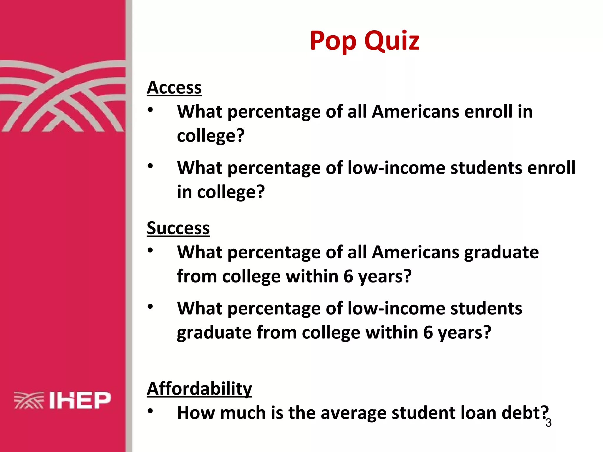 Pop Quiz
Access
• What percentage of all Americans enroll in
   college?
•   What percentage of low-income students enroll
    in college?
Success
• What percentage of all Americans graduate
   from college within 6 years?
•   What percentage of low-income students
    graduate from college within 6 years?

Affordability
• How much is the average student loan debt?3
 
