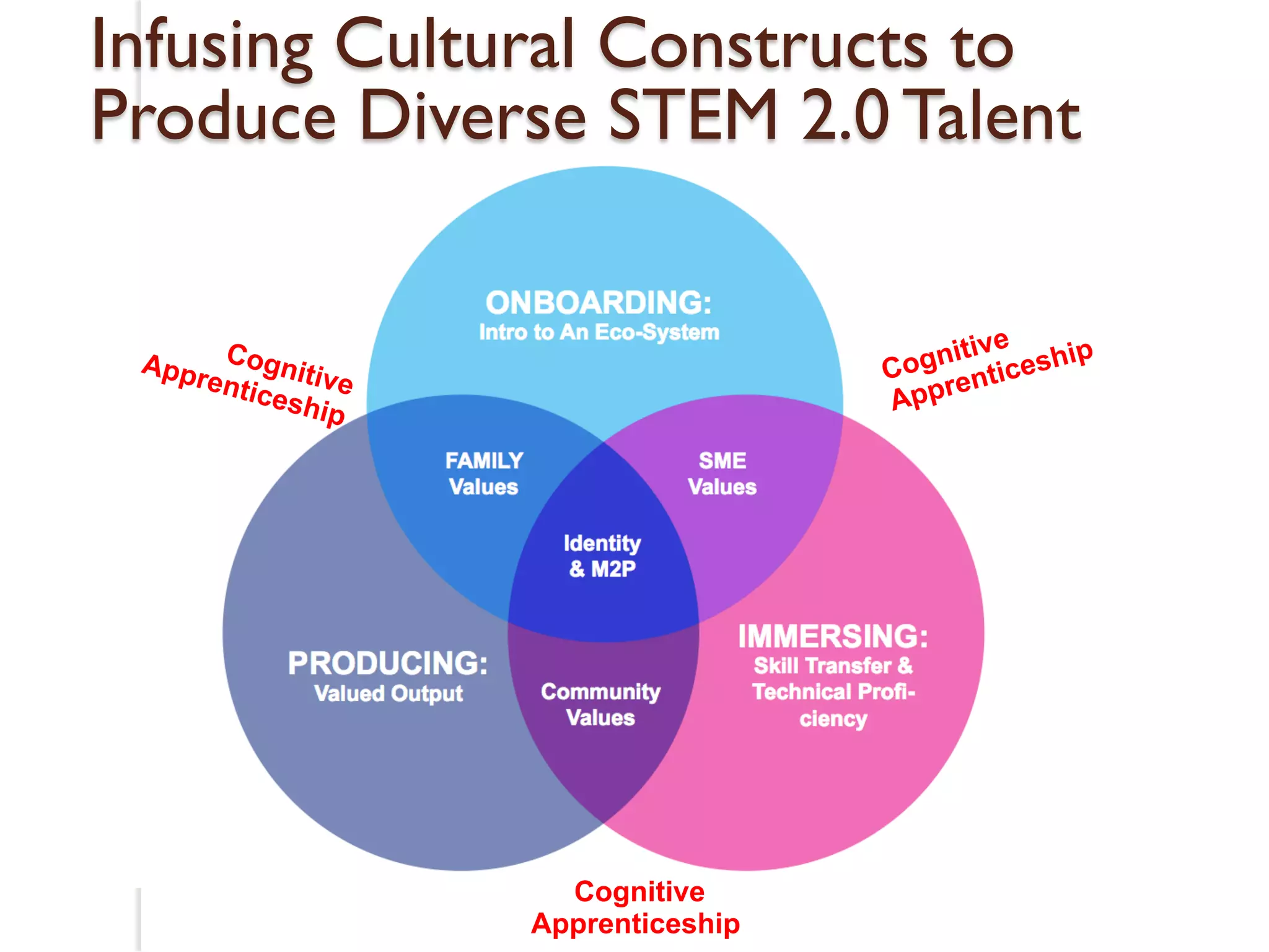 Infusing Cultural Constructs to 
Produce Diverse STEM 2.0 Talent 
Family 
Values SME 
Values 
Community 
Values 
Cognitive 
Apprenticeship 
Cognitive 
Apprenticeship 
Cognitive 
Apprenticeship 
 
