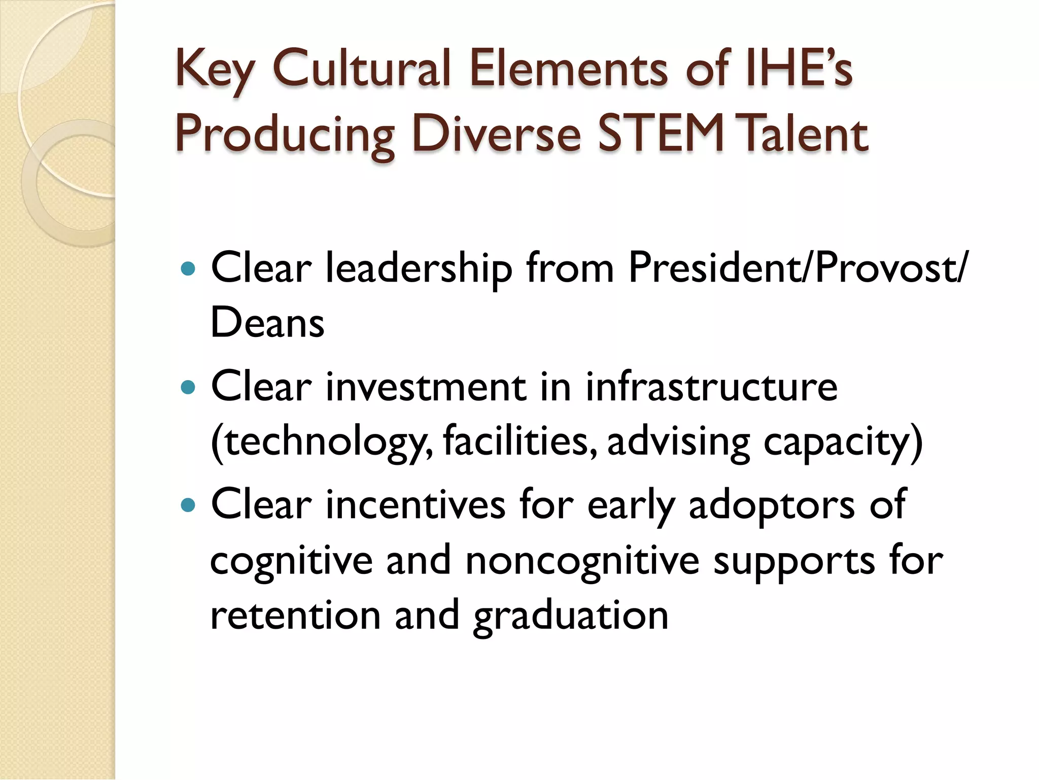 Key Cultural Elements of IHE’s 
Producing Diverse STEM Talent 
— Clear leadership from President/Provost/ 
Deans 
— Clear investment in infrastructure 
(technology, facilities, advising capacity) 
— Clear incentives for early adoptors of 
cognitive and noncognitive supports for 
retention and graduation 
 
