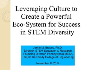 Leveraging Culture to 
Create a Powerful 
Eco-System for Success 
in STEM Diversity 
Jamie M. Bracey, Ph.D. 
Director, STEM Education & Research 
Founding Director, Pennsylvania MESA 
Temple University College of Engineering 
November 6, 2014 
 