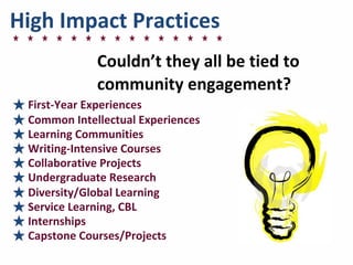 High	
  Impact	
  Practices
★	
  First-­‐Year	
  Experiences	
  
★	
  Common	
  Intellectual	
  Experiences
★	
  Learning	
  Communities
★	
  Writing-­‐Intensive	
  Courses
★	
  Collaborative	
  Projects
★	
  Undergraduate	
  Research
★	
  Diversity/Global	
  Learning
★	
  Service	
  Learning,	
  CBL
★	
  Internships
★	
  Capstone	
  Courses/Projects
Couldn’t	
  they	
  all	
  be	
  tied	
  to	
  
community	
  engagement?
 