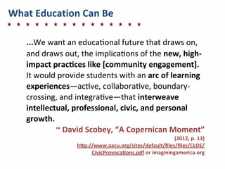 What	
  Education	
  Can	
  Be
...We	
  want	
  an	
  educa]onal	
  future	
  that	
  draws	
  on,	
  
and	
  draws	
  out,	
  the	
  implica]ons	
  of	
  the	
  new,	
  high-­‐
impact	
  pracnces	
  like	
  [community	
  engagement].	
  
It	
  would	
  provide	
  students	
  with	
  an	
  arc	
  of	
  learning	
  
experiences—ac]ve,	
  collabora]ve,	
  boundary-­‐
crossing,	
  and	
  integra]ve—that	
  interweave	
  
intellectual,	
  professional,	
  civic,	
  and	
  personal	
  
growth.
	
  ~	
  David	
  Scobey,	
  “A	
  Copernican	
  Moment”
(2012,	
  p.	
  13)
hmp://www.aacu.org/sites/default/ﬁles/ﬁles/CLDE/
CivicProvocanons.pdf	
  or	
  imaginingamerica.org	
  
 