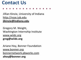 Contact	
  Us
Jillian	
  Kinzie,	
  University	
  of	
  Indiana
http://nsse.iub.edu
jikinzie@indiana.edu
Gregory	
  M.	
  Weight,	
  
Washington	
  Internship	
  Institute
www.wiidc.org
greg@wiidc.org
Ariane	
  Hoy,	
  Bonner	
  Foundation
www.bonner.org
bonnernetwork.pbworks.com
ahoy@bonner.org
 