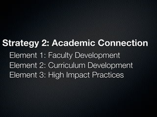 A solution:
Element 1: Faculty Development
Moving beyond semester projects:
Connecting faculty to service similarly
intent...