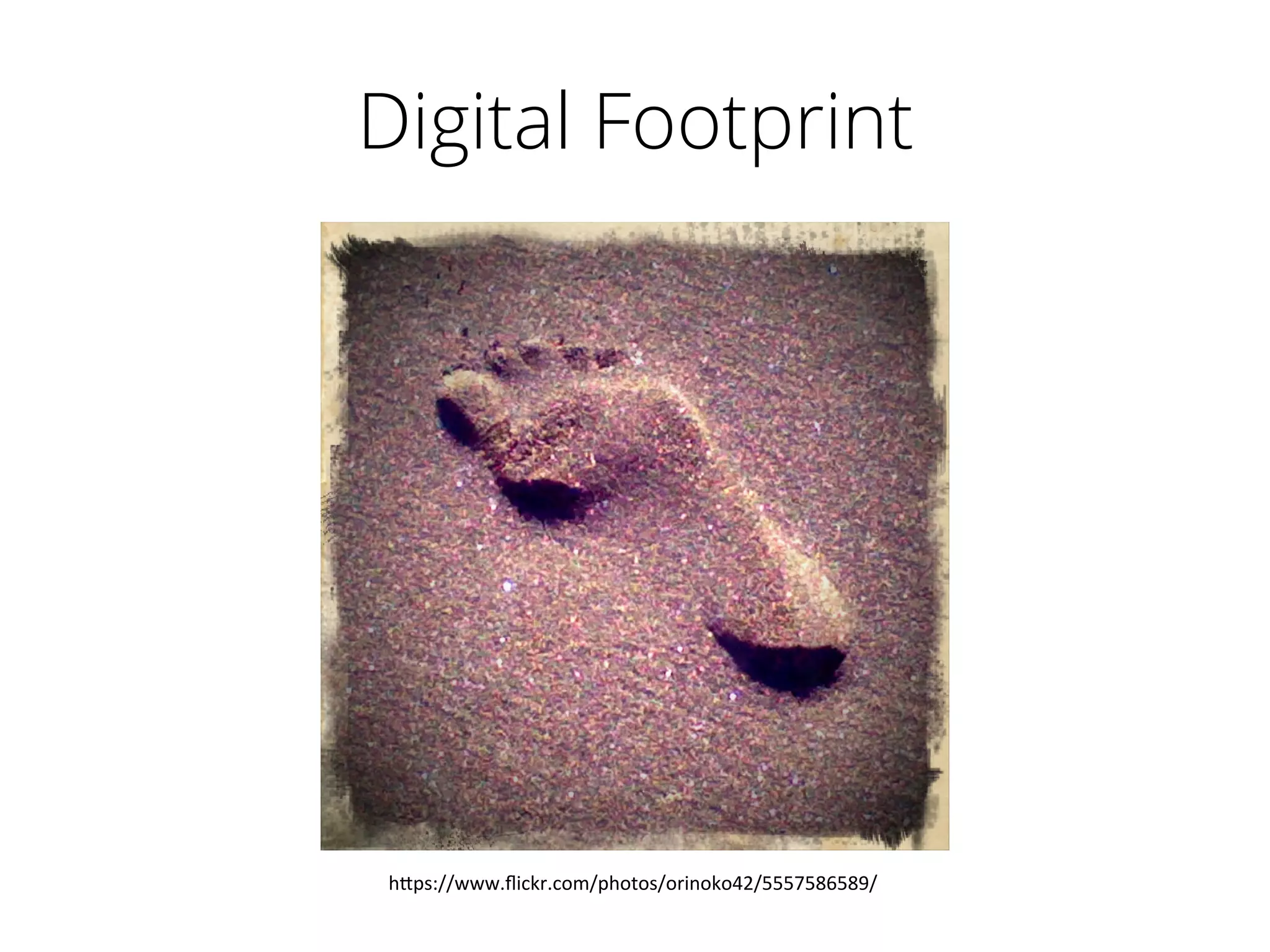 Digital Footprint
h"ps://www.ﬂickr.com/photos/orinoko42/5557586589/	
  
 