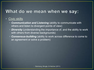• Civic skills
   • Communication and Listening (ability to communicate with
     others and listen to divergent points of view)
   • Diversity (understanding the importance of, and the ability to work
     with others from diverse backgrounds)
   • Consensus-building (ability to work across difference to come to
     an agreement or solve a problem)




                        - Steinberg, Bringle, & Hatcher (2011)
 