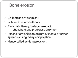 Bone erosion
• By liberation of chemical
• Ischaemic necrosis theory
• Enzymatic theory: collagenase, acid
phoaphate and proteolytic enzyme
• Passes from aditus to antrum of mastoid further
spread causing many complication
• Hence called as dangerous om
 