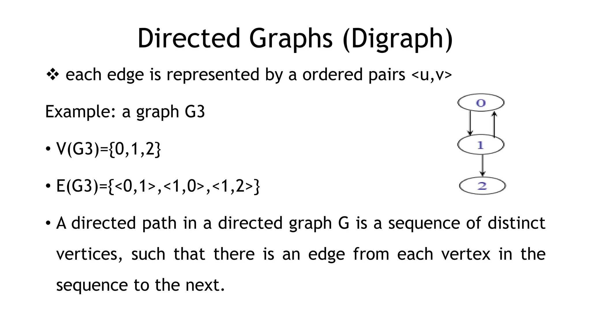 Directed Graphs (Digraph)
 each edge is represented by a ordered pairs <u,v>
Example: a graph G3
• V(G3)={0,1,2}
• E(G3)={<0,1>,<1,0>,<1,2>}
• A directed path in a directed graph G is a sequence of distinct
vertices, such that there is an edge from each vertex in the
sequence to the next.
 