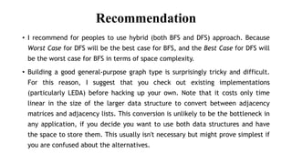 Recommendation
• I recommend for peoples to use hybrid (both BFS and DFS) approach. Because
Worst Case for DFS will be the best case for BFS, and the Best Case for DFS will
be the worst case for BFS in terms of space complexity.
• Building a good general-purpose graph type is surprisingly tricky and difficult.
For this reason, I suggest that you check out existing implementations
(particularly LEDA) before hacking up your own. Note that it costs only time
linear in the size of the larger data structure to convert between adjacency
matrices and adjacency lists. This conversion is unlikely to be the bottleneck in
any application, if you decide you want to use both data structures and have
the space to store them. This usually isn't necessary but might prove simplest if
you are confused about the alternatives.
 