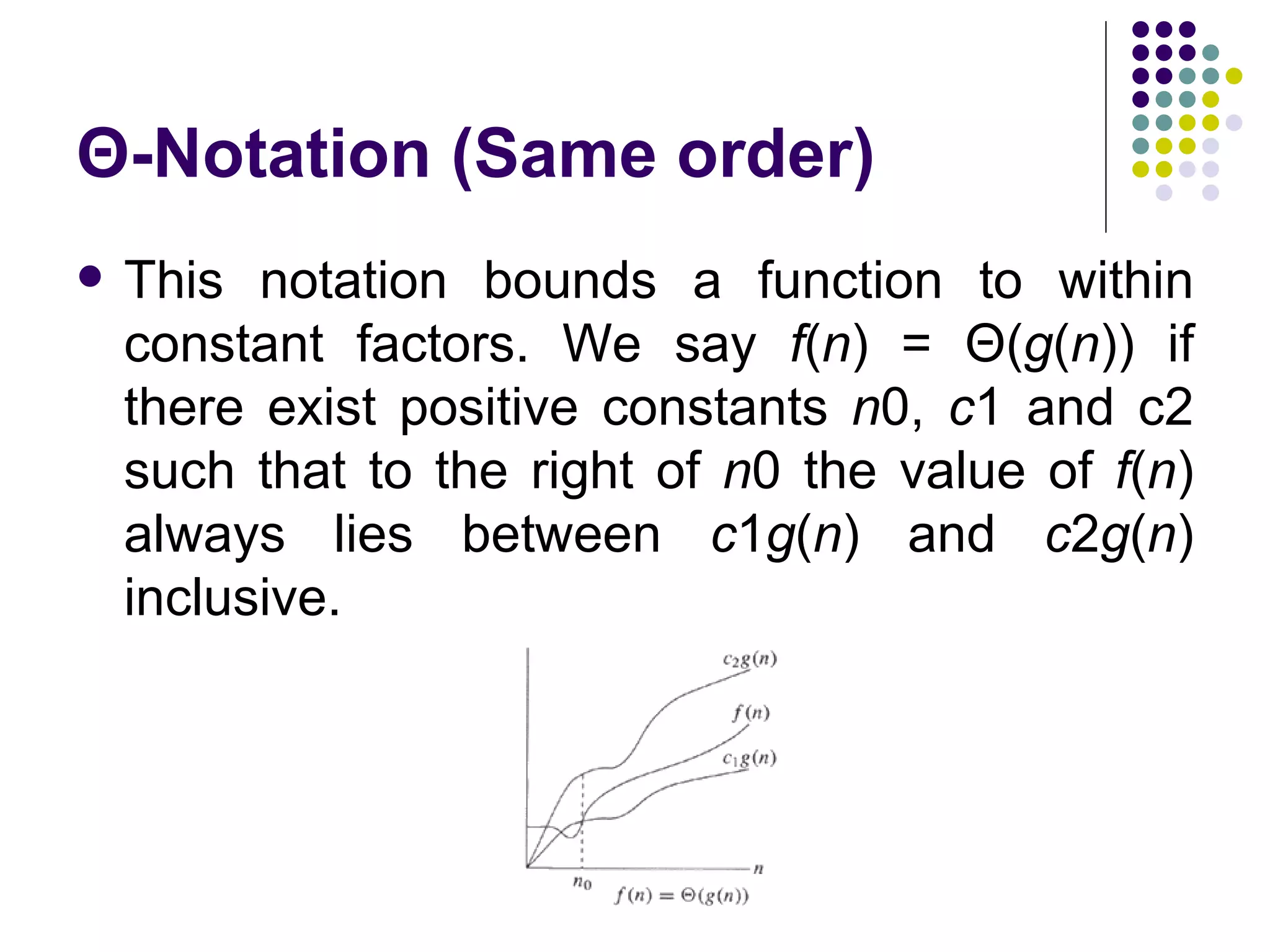 Θ-Notation (Same order)
   This notation bounds a function to within
    constant factors. We say f(n) = Θ(g(n)) if
    there exist positive constants n0, c1 and c2
    such that to the right of n0 the value of f(n)
    always lies between c1g(n) and c2g(n)
    inclusive.
 