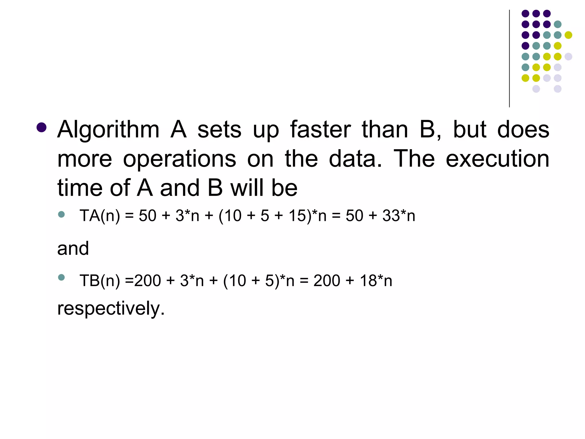    Algorithm A sets up faster than B, but does
    more operations on the data. The execution
    time of A and B will be
       TA(n) = 50 + 3*n + (10 + 5 + 15)*n = 50 + 33*n

    and
       TB(n) =200 + 3*n + (10 + 5)*n = 200 + 18*n
    respectively.
 