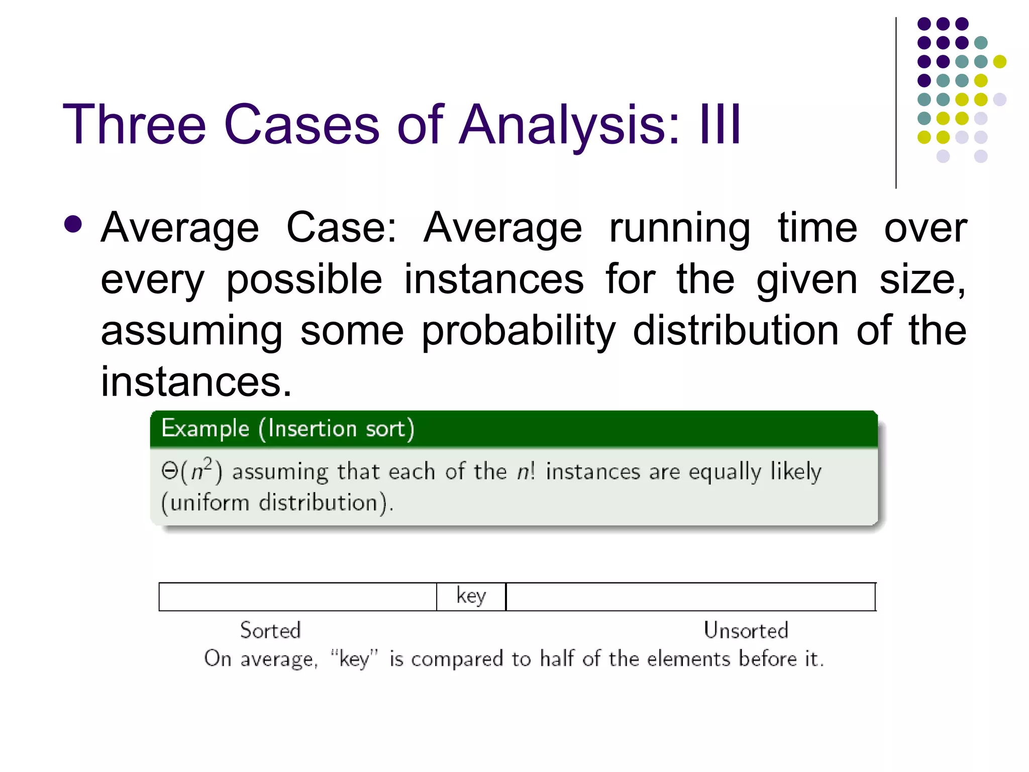 Three Cases of Analysis: III
   Average Case: Average running time over
    every possible instances for the given size,
    assuming some probability distribution of the
    instances.
 