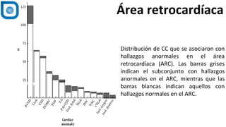 1
Área retrocardíaca
Normal
Distribución de CC que se asociaron con
hallazgos anormales en el área
retrocardíaca (ARC). Las barras grises
indican el subconjunto con hallazgos
anormales en el ARC, mientras que las
barras blancas indican aquellos con
hallazgos normales en el ARC.
 