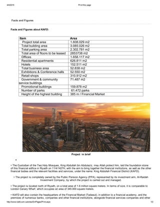 4/4/2015 Print this page
http://www.kafd.com.sa/sites/En/Pages/Print.aspx 1/2
 Facts and Figures
            
Facts and Figures about KAFD:
 
  Area Item
  1.608.029 m2    Project total area
  3.085.026 m2   Total building area
  2.302.781 m2   Total parking area
  2853738 m2   Total area of floors to be leased
  1.658.117 m2   Offices
  626.811 m2   Residential apartments
  152.511 m2   Hotels
  52.838 m2   Total business area
  52.550 m2   Exhibitions & Conference halls
  310.912 m2   Retail shops
  71.487 m2   Government & community
service buildings
  159.878 m2   Promotional buildings 
   61.472 parks   Number of parks
  385 m / Financial Market   Height of the highest building
 
Project  in brief
• The Custodian of the Two Holy Mosques, King Abdullah bin Abdulaziz, may Allah protect him, laid the foundation stone
of this financial edifice in Riyadh on 11/4/1427H, with the aim to bring together the financial institutions, as well as the other
financial bodies and the relevant facilities and services, under the name: King Abdullah Financial District (KAFD).
• The project is completely owned by the Public Pension Agency (PPA), represented by its investment arm, Al­Raidah
Investment Company, by which the project is carried out and managed.
• The project is located north of Riyadh, on a total area of 1.6 million square meters. In terms of size, it is comparable to
London Canary Wharf, which occupies an area of 345.000 square meters.
• KAFD will also contain the headquarters of the Financial Market (Tadawul), in addition to a financial academy, and the
premises of numerous banks, companies and other financial institutions, alongside financial services companies and other
 