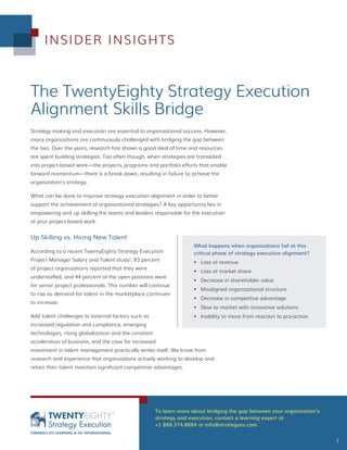 To learn more about bridging the gap between your organization’s
strategy and execution, contact a learning expert at
+1 888.374.8884 or info@strategyex.com.
INSIDER INSIGHTS
1
The TwentyEighty Strategy Execution
Alignment Skills Bridge
Strategy making and execution are essential to organizational success. However,
many organizations are continuously challenged with bridging the gap between
the two. Over the years, research has shown a good deal of time and resources
are spent building strategies. Too often though, when strategies are translated
into project-based work—the projects, programs and portfolio efforts that enable
forward momentum—there is a break down, resulting in failure to achieve the
organization’s strategy.
What can be done to improve strategy execution alignment in order to better
support the achievement of organizational strategies? A key opportunity lies in
empowering and up skilling the teams and leaders responsible for the execution
of your project-based work.
Up Skilling vs. Hiring New Talent
According to a recent TwentyEighty Strategy Execution
Project Manager Salary and Talent study1
, 83 percent
of project organizations reported that they were
understaffed, and 44 percent of the open positions were
for senior project professionals. This number will continue
to rise as demand for talent in the marketplace continues
to increase.
Add talent challenges to external factors such as
increased regulation and compliance, emerging
technologies, rising globalization and the constant
acceleration of business, and the case for increased
investment in talent management practically writes itself. We know from
research and experience that organizations actively working to develop and
retain their talent maintain significant competitive advantages.
What happens when organizations fail at this
critical phase of strategy execution alignment?
ƒƒ Loss of revenue
ƒƒ Loss of market share
ƒƒ Decrease in shareholder value
ƒƒ Misaligned organizational structure
ƒƒ Decrease in competitive advantage
ƒƒ Slow to market with innovative solutions
ƒƒ Inability to move from reaction to pro-action
 