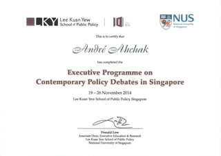 ;<Ù1 !;n5:ruìfi.î",,.,
NUSNational University
of Singapore
ae e4hchøk
This is to certify that
2
has completed the
19 - 26 November 20L4
Lee Kuan Yew School of Public Policy, Singapore
Donald Low
Associate Dean, Executive Education & Research
Lee Kuan Yew School of Public Policy
National University of Singapore
Executive Programme on
Contemporary Policy Debates in Singapore
FE@
 