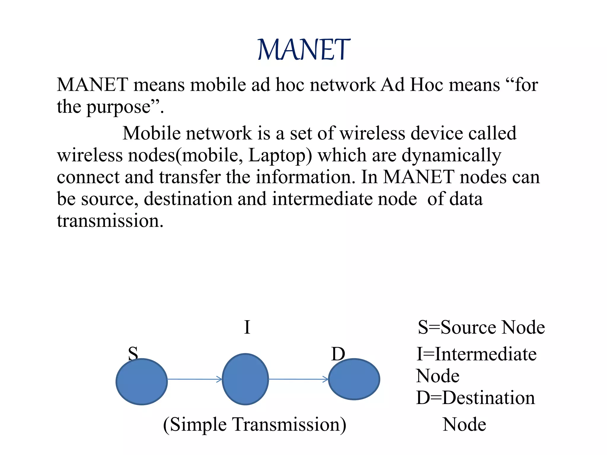 MANET
MANET means mobile ad hoc network Ad Hoc means “for
the purpose”.
Mobile network is a set of wireless device called
wireless nodes(mobile, Laptop) which are dynamically
connect and transfer the information. In MANET nodes can
be source, destination and intermediate node of data
transmission.
I S=Source Node
S D I=Intermediate
Node
D=Destination
(Simple Transmission) Node
 
