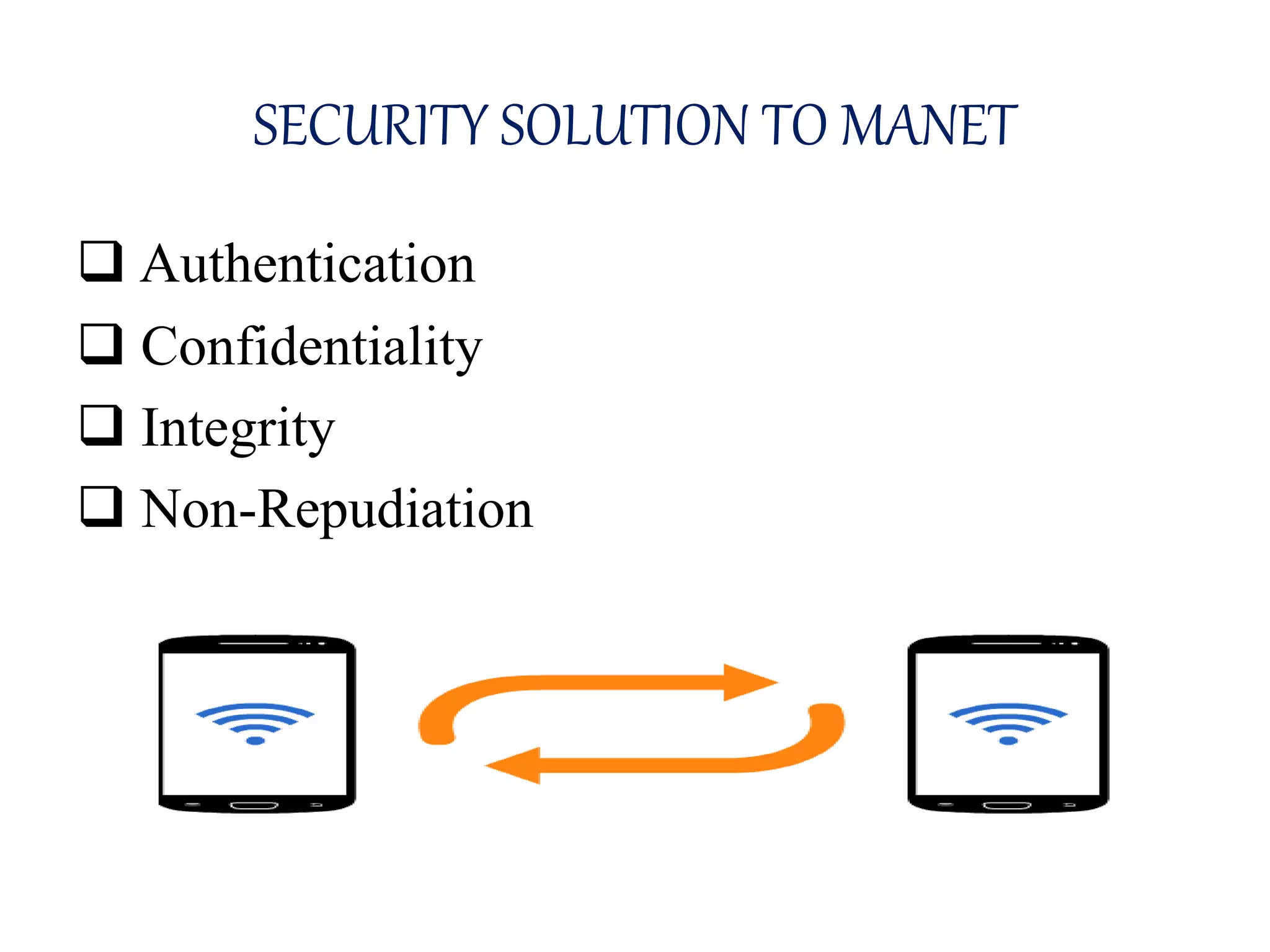 SECURITY SOLUTION TO MANET
 Authentication
 Confidentiality
 Integrity
 Non-Repudiation
 