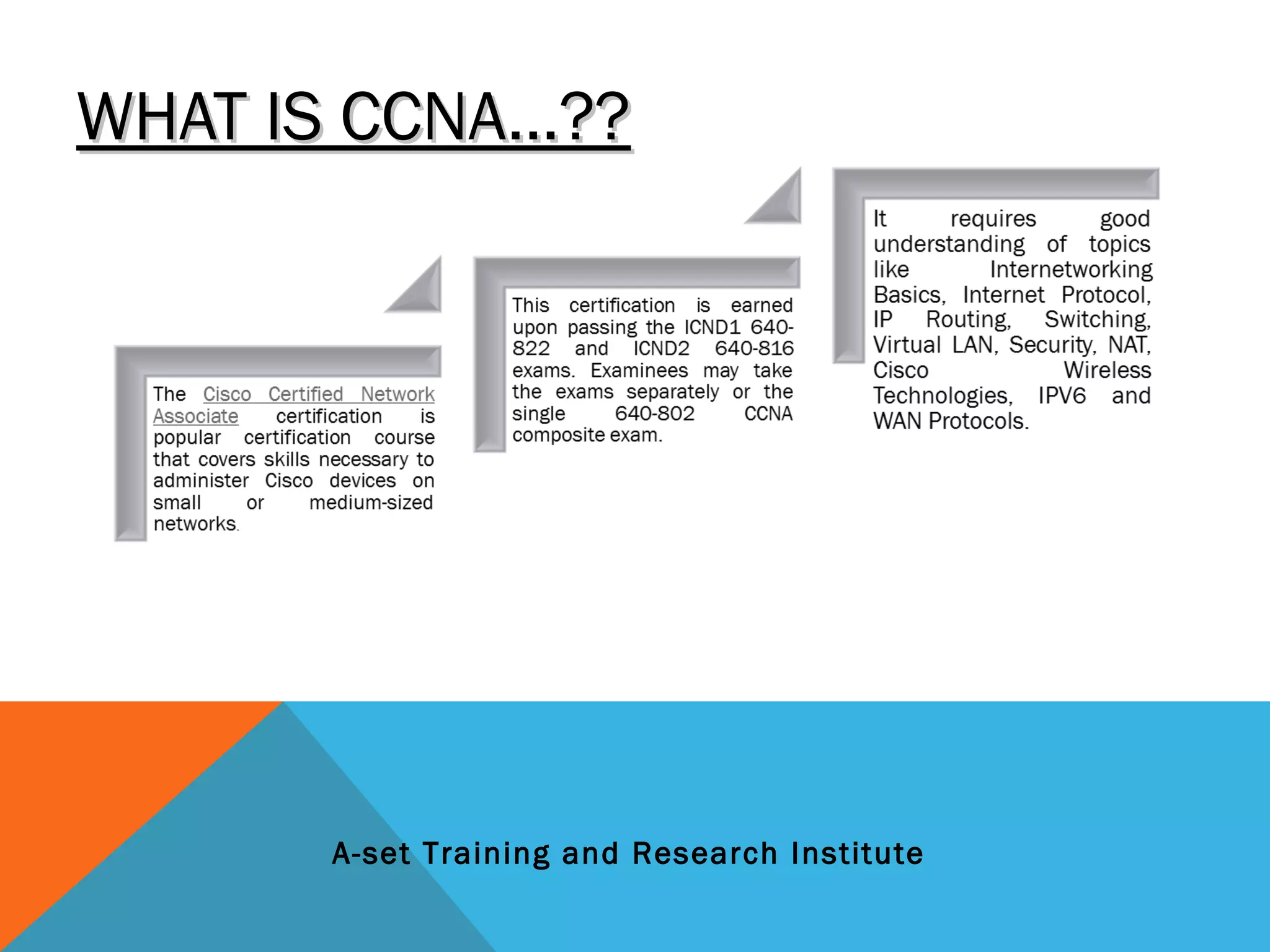WHAT IS CCNA…??WHAT IS CCNA…??
A-set Training and Research Institute
 