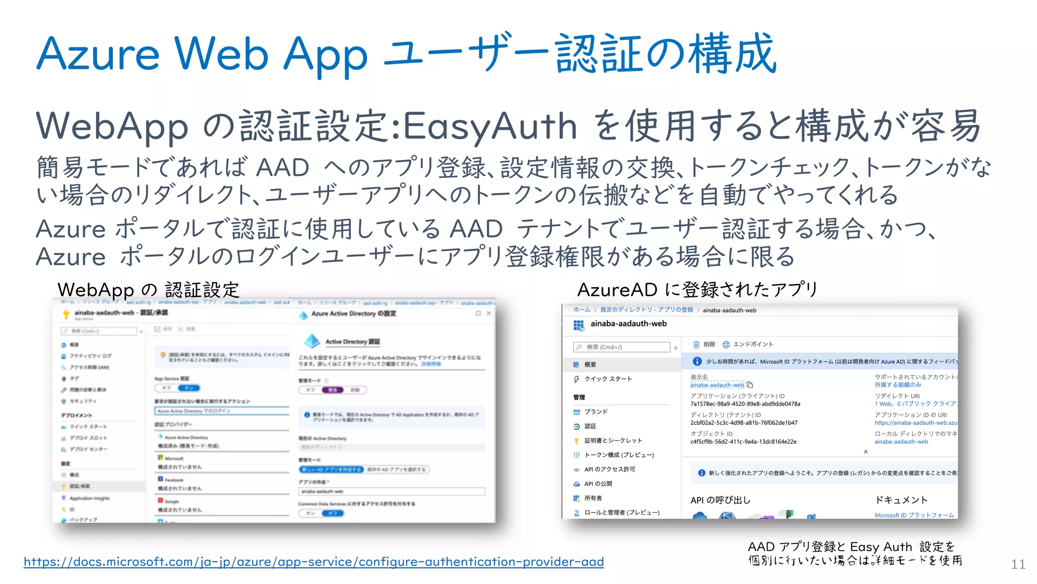 Azure Web App ユーザー認証の構成
WebApp の認証設定:EasyAuth を使用すると構成が容易
簡易モードであれば AAD へのアプリ登録、設定情報の交換、トークンチェック、トークンがな
い場合のリダイレクト、ユーザーアプリへのトークンの伝搬などを自動でやってくれる
Azure ポータルで認証に使用している AAD テナントでユーザー認証する場合、かつ、
Azure ポータルのログインユーザーにアプリ登録権限がある場合に限る
11https://docs.microsoft.com/ja-jp/azure/app-service/configure-authentication-provider-aad
 