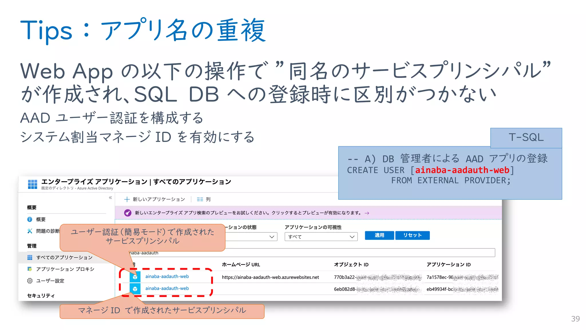 Tips ： アプリ名の重複
Web App の以下の操作で ”同名のサービスプリンシパル”
が作成され、SQL DB への登録時に区別がつかない
AAD ユーザー認証を構成する
システム割当マネージ ID を有効にする
39
ユーザー認証（簡易モード）で作成された
サービスプリンシパル
マネージ ID で作成されたサービスプリンシパル
-- A) DB 管理者による AAD アプリの登録
CREATE USER [ainaba-aadauth-web]
FROM EXTERNAL PROVIDER;
T-SQL
 