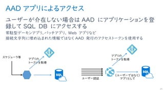 AAD アプリによるアクセス
ユーザーが介在しない場合は AAD にアプリケーションを登
録して SQL DB にアクセスする
常駐型デーモンアプリ、バッチアプリ、 Web アプリなど
接続文字列に埋め込まれた情報ではなく AAD 発行のアクセストークンを使用する
24
 