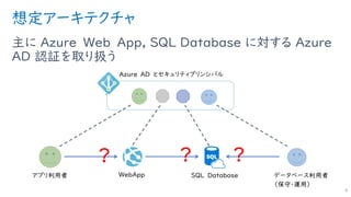 想定アーキテクチャ
主に Azure Web App, SQL Database に対する Azure
AD 認証を取り扱う
4
？ ？ ？
 