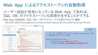 Web App によるアクセストークンの自動取得
ユーザー認証が有効になっている Web App であれば、
SQL DB のアクセストークンも取得を任せることができる
Web App の認証時に SQL DB へのアクセストークンも発行するように構成
Microsoft.Web/sites/appName/config/authsettings/properties/additionalLoginParams
45
// ポータルでは設定できないので Resource Explorer 等で
// 認証設定のオプションを指定
additionalLoginParams : [
"response_type=code id_token",
"resource=https://database.windows.net"
]
ARM
 