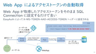 Web App によるアクセストークンの自動取得
Web App が取得したアクセストークンをそのまま SQL
Connection に設定するだけで良い
EasyAuth によって X-MS-TOKEN-AAD-ACCESS-TOKEN ヘッダーに設定される
46
private static async Task<string> GetAccessTokenAsUser()
{
return Request.Headers["X-MS-TOKEN-AAD-ACCESS-TOKEN"];
}
C#
Easy
Auth App
X-MS-TOKEN-AAD-
ACCESS-TOKEN SQL
Connection
 