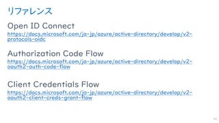 リファレンス
Open ID Connect
https://docs.microsoft.com/ja-jp/azure/active-directory/develop/v2-
protocols-oidc
Authorization Code Flow
https://docs.microsoft.com/ja-jp/azure/active-directory/develop/v2-
oauth2-auth-code-flow
Client Credentials Flow
https://docs.microsoft.com/ja-jp/azure/active-directory/develop/v2-
oauth2-client-creds-grant-flow
54
 