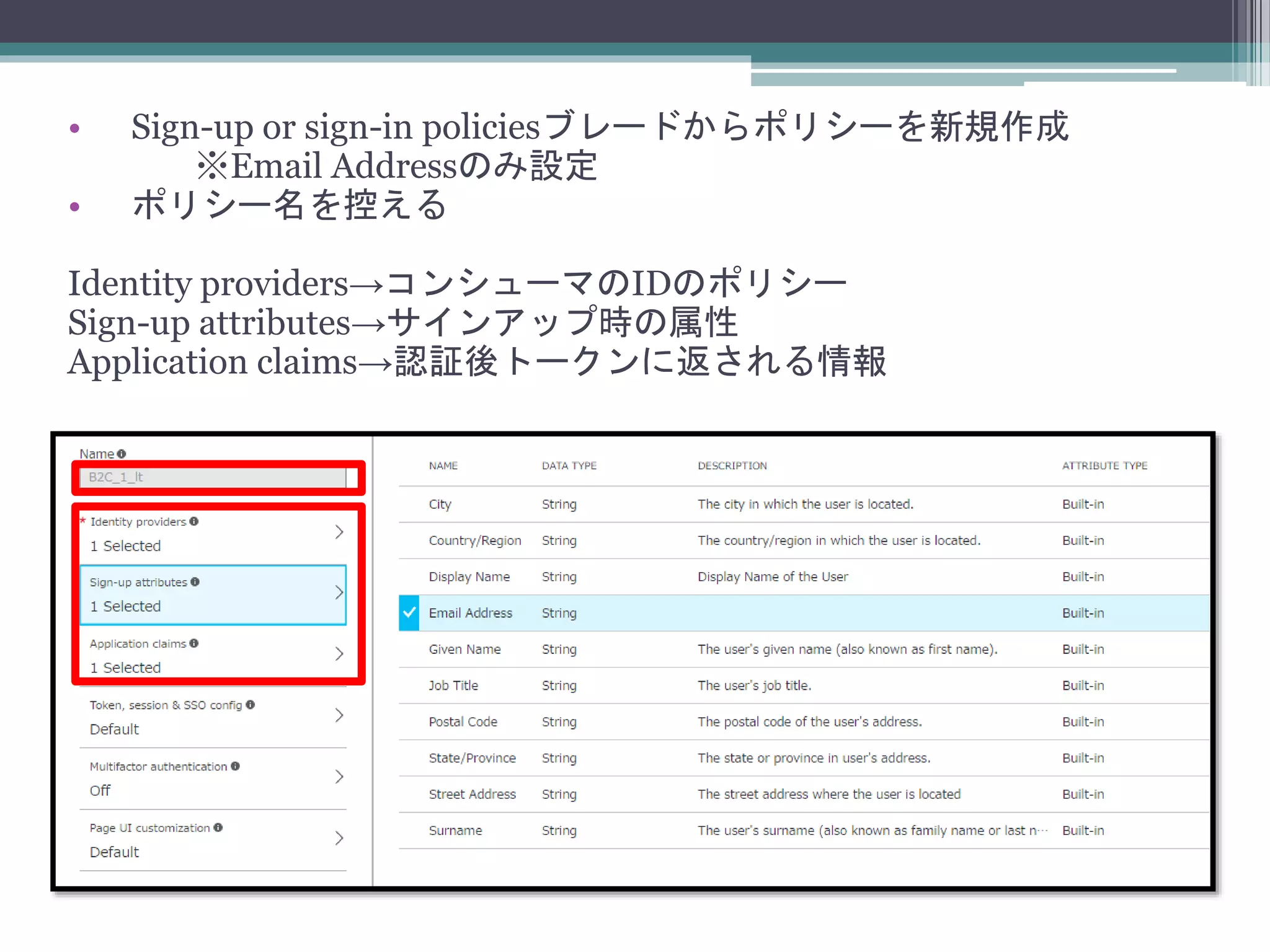 • Sign-up or sign-in policiesブレードからポリシーを新規作成
※Email Addressのみ設定
• ポリシー名を控える
Identity providers→コンシューマのIDのポリシー
Sign-up attributes→サインアップ時の属性
Application claims→認証後トークンに返される情報
 