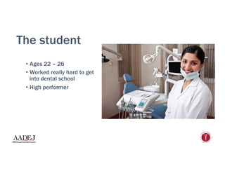 The student
•  Ages 22 – 26
•  Worked really hard to get
into dental school
•  High performer
 