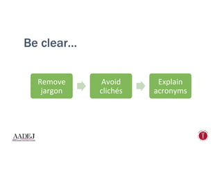 Be clear…
Remove	
  
jargon	
  
Avoid	
  
clichés	
  
Explain	
  
acronyms	
  
 