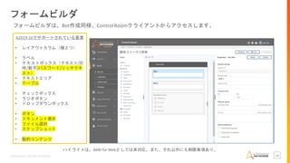 Confidential –Do Not Distribute 11
フォームビルダ
A2019.16でサポートされている要素
• レイアウトカラム（横２つ）
• ラベル
• テキストボックス（テキスト/日
時/数字/パスワード/リッチテキ
スト）
• テキストエリア
• テーブル
• チェックボックス
• ラジオボタン
• ドロップダウンボックス
• ボタン
• ドキュメント表示
• ファイル選択
• スナップショット
• 動的コンテンツ
ハイライトは、AARI for Webとしては未対応。また、それ以外にも制限事項あり。
フォームビルダは、Bot作成同様、ControlRoomクライアントからアクセスします。
 