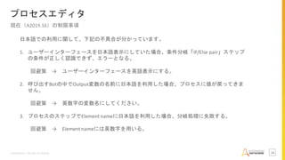 Confidential –Do Not Distribute 14
プロセスエディタ
現在（A2019.16）の制限事項
日本語での利用に関して、下記の不具合が分かっています。
1. ユーザーインターフェースを日本語表示にしていた場合、条件分岐「IF/Else pair」ステップ
の条件が正しく認識できず、エラーとなる。
回避策 → ユーザーインターフェースを英語表示にする。
2. 呼び出すBotの中でOutput変数の名前に日本語を利用した場合、プロセスに値が戻ってきま
せん。
回避策 → 英数字の変数名にしてください。
3. プロセスのステップでElement nameに日本語を利用した場合、分岐処理に失敗する。
回避策 → Element nameには英数字を用いる。
 