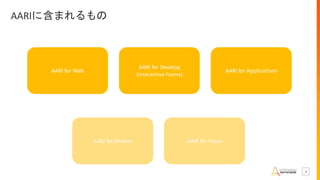 4
AARIに含まれるもの
AARI for Web
AARI for Desktop
(Interactive Forms)
AARI for Applications
AARI for VoiceAARI for Mobile
 