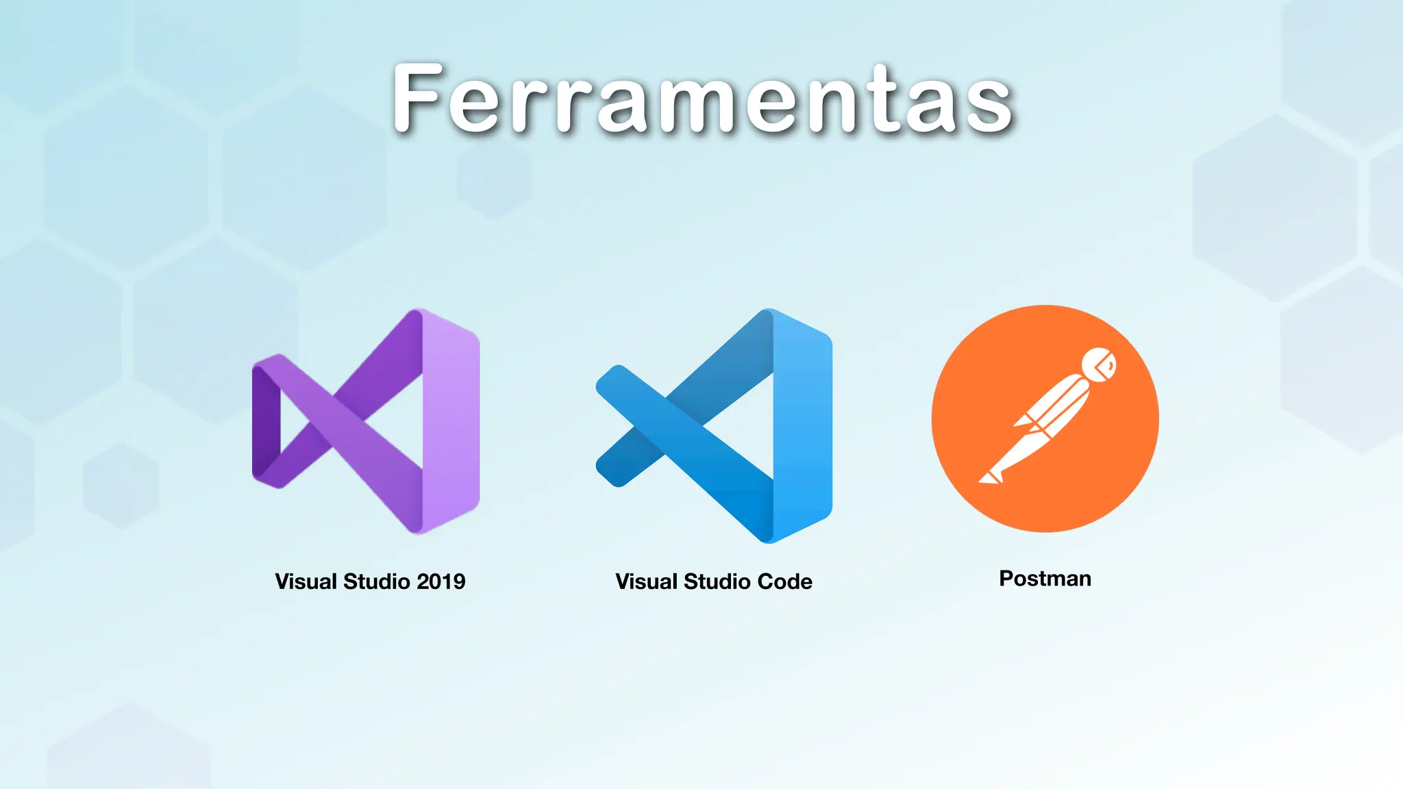 Ferramentas
Visual Studio 2019 Visual Studio Code Postman
 