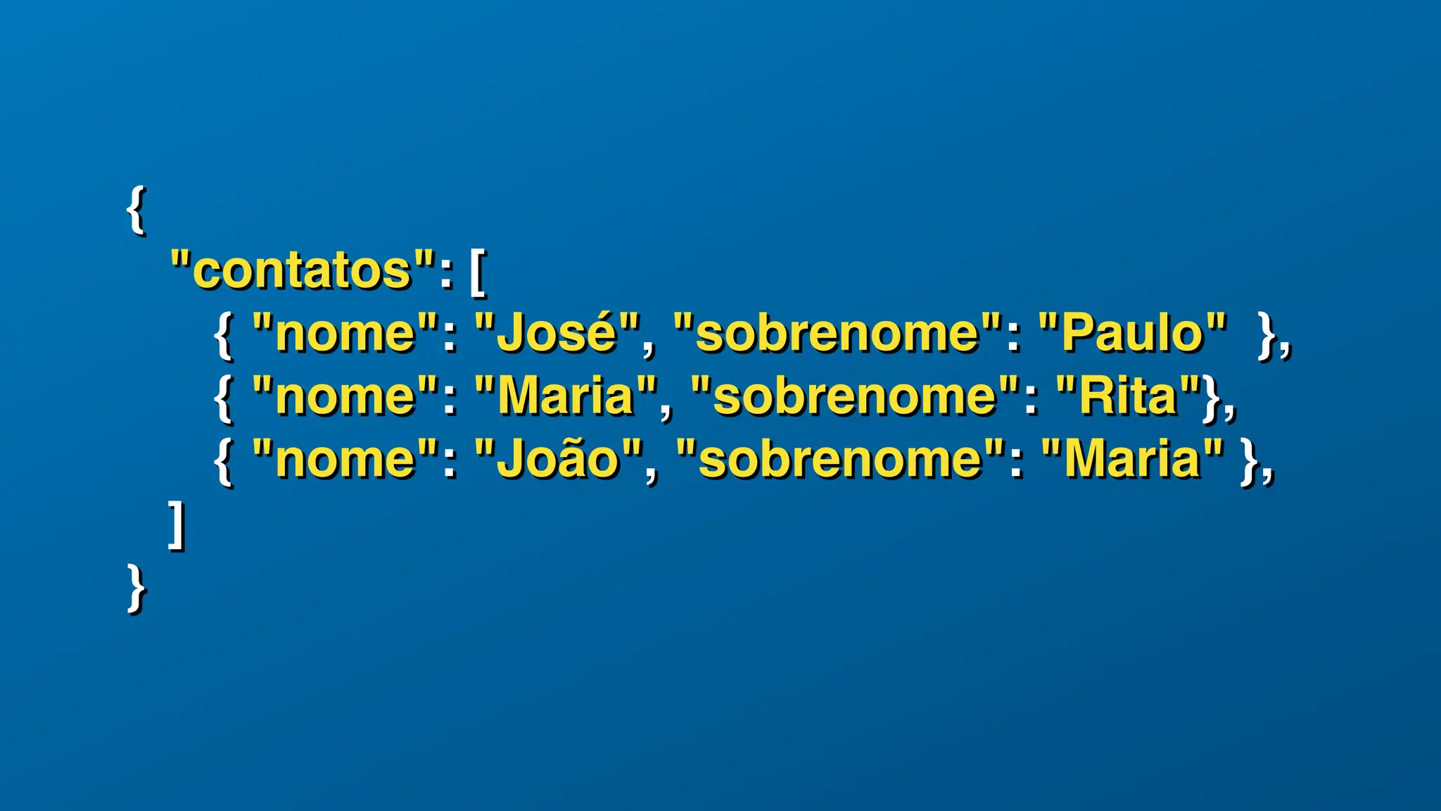 {
"contatos": [
{ "nome": "José", "sobrenome": "Paulo" },
{ "nome": "Maria", "sobrenome": "Rita"},
{ "nome": "João", "sobrenome": "Maria" },
]
}
 
