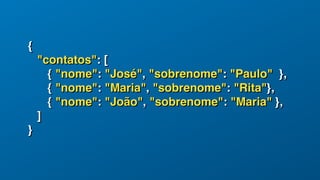 {
"contatos": [
{ "nome": "José", "sobrenome": "Paulo" },
{ "nome": "Maria", "sobrenome": "Rita"},
{ "nome": "João", "sobrenome": "Maria" },
]
}
 