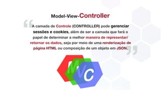 ”
“
Model-View-Controller
A camada de Controle (CONTROLLER) pode gerenciar
sessões e cookies, além de ser a camada que fará o
papel de determinar a melhor maneira de representar/
retornar os dados, seja por meio de uma renderização de
página HTML ou composição de um objeto em JSON.
 