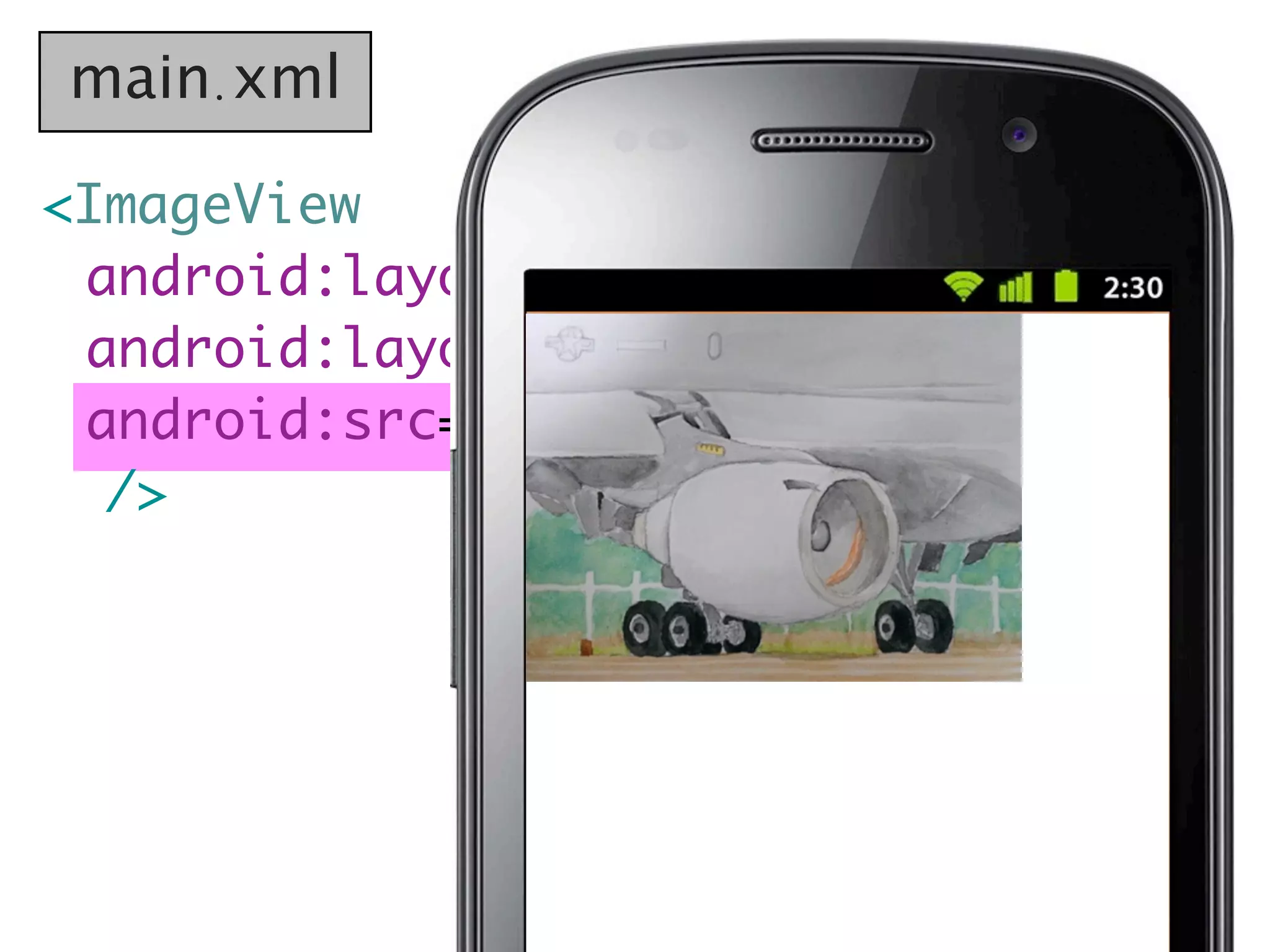 main.xml

<ImageView
  android:layout_width="wrap_content"
	 android:layout_height="wrap_content"
	 android:src="@drawable/photo"
   />




                      pphhoottoo..ppnngg
 