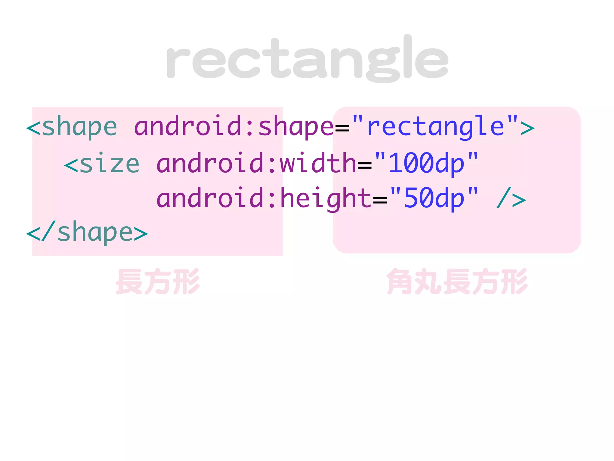 rreeccttaannggllee
<shape android:shape="rectangle">
  <size android:width="100dp"
         android:height="50dp" />
</shape>
     長方形               角丸長方形
 
