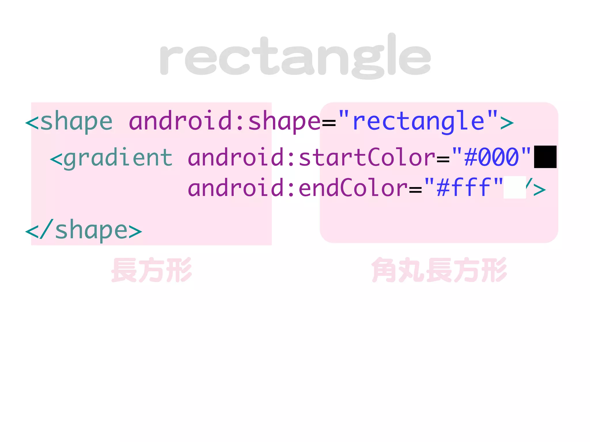 rreeccttaannggllee
<shape android:shape="rectangle">
 <gradient android:startColor="#000"
           android:endColor="#fff" />
</shape>
     長方形                角丸長方形
 